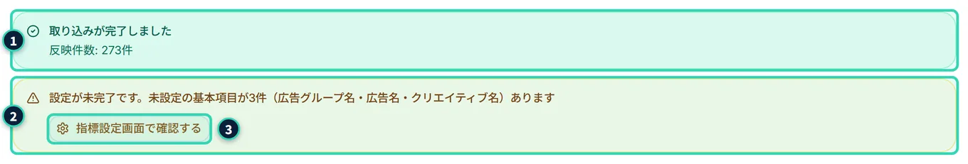 取込の結果。緑の枠に「取り込みが完了しました」と「反映件数: 273件」、その下の黄色の枠に「設定が未完了です。未設定の基本項目が3件(広告グループ名・広告名・クリエイティブ名)あります」と、「指標設定画面で確認する」のボタンがある
