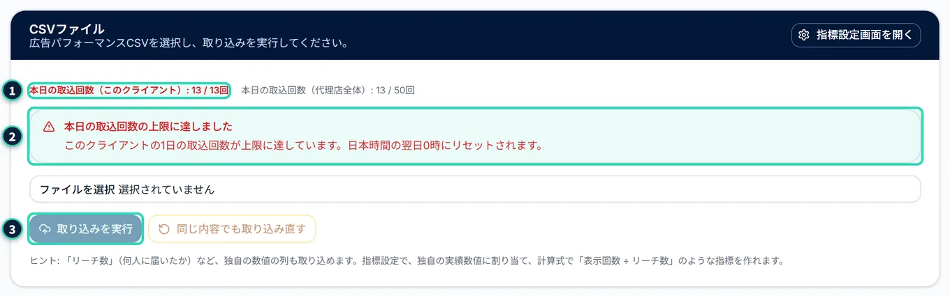 「CSVファイル」のカード。「本日の取込回数(このクライアント)」の数字が赤い太字になり、赤い枠に「本日の取込回数の上限に達しました」と「このクライアントの1日の取込回数が上限に達しています。日本時間の翌日0時にリセットされます。」が出ている。「取り込みを実行」と「同じ内容でも取り込み直す」のボタンは薄くなって押せない