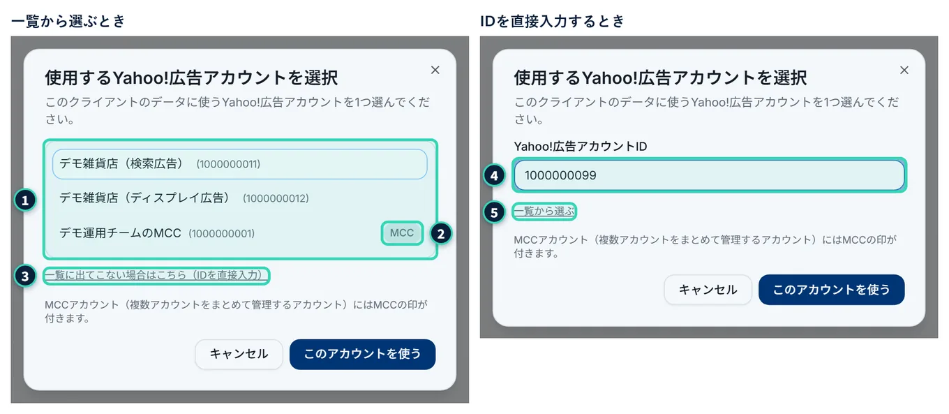 「使用するYahoo!広告アカウントを選択」のダイアログの2つの状態。左は、広告アカウントの一覧で、MCCの印がついたアカウントと、下に「一覧に出てこない場合はこちら(IDを直接入力)」のリンクがある。右は、「Yahoo!広告アカウントID」の入力欄に数字が入り、下に「一覧から選ぶ」のリンクがある