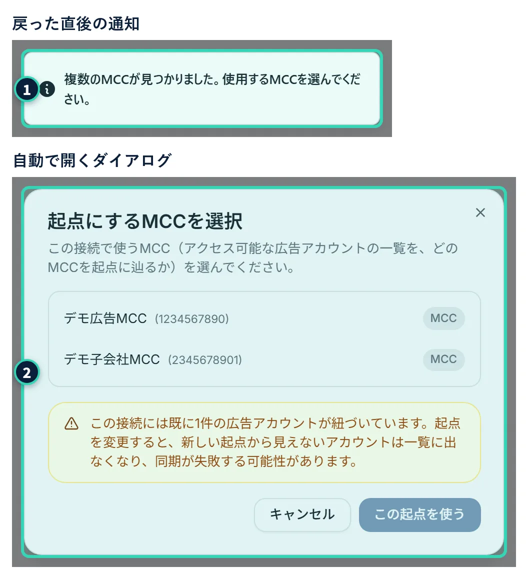 Googleの許可から戻った直後の2つの画面。上は、青い通知で「複数のMCCが見つかりました。使用するMCCを選んでください。」と出ている。下は、「起点にするMCCを選択」のダイアログで、MCCの印がついた2つのアカウントが並んでいる
