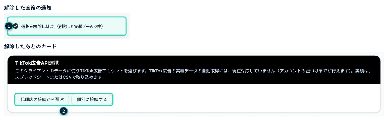 紐付けを解除した直後の2つの画面。上は、緑の通知で「選択を解除しました(削除した実績データ: 0件)」と出ている。下は、TikTok広告のカードで、紐付けの行が消え、「代理店の接続から選ぶ」「個別に接続する」のボタンだけが残っている