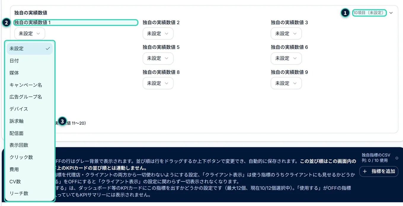 「列の対応付け」のカードの下の「独自の実績数値」の折りたたみを開いたところ。「独自の実績数値 1」などの枠がいくつも並び、1つ目のプルダウンを開くと、「未設定」と、CSVの列の名前(日付・媒体・キャンペーン名・広告グループ名・デバイス・訴求軸・配信面・表示回数・クリック数・費用・CV数・リーチ数)が選択肢に並んでいる