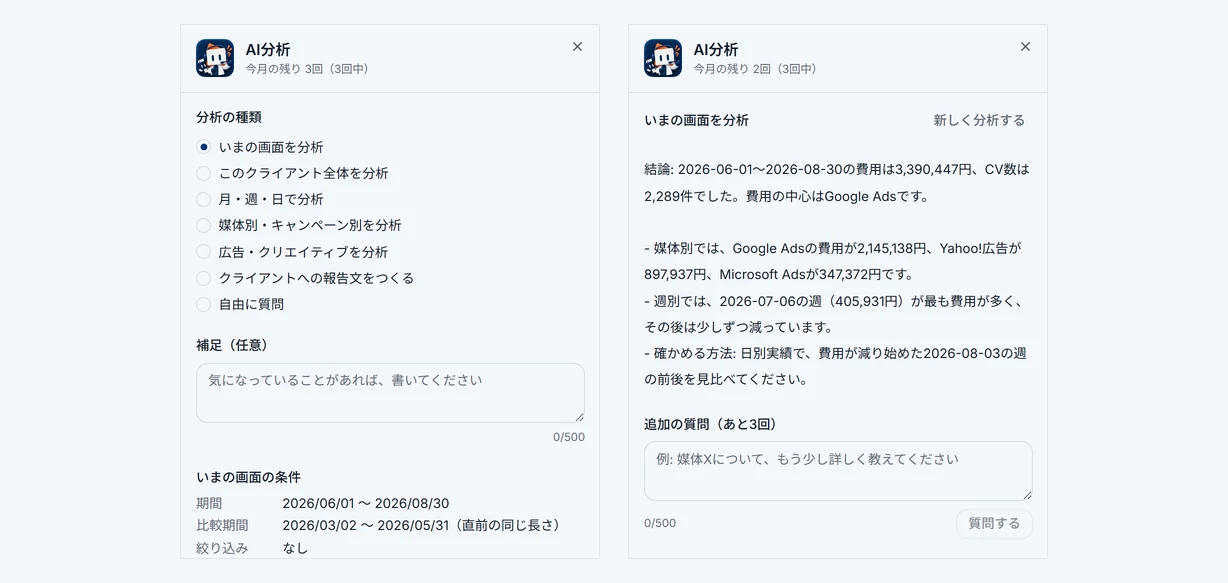 AI分析のパネル。左は分析の種類と条件を選ぶ画面、右は回答と追加の質問の画面