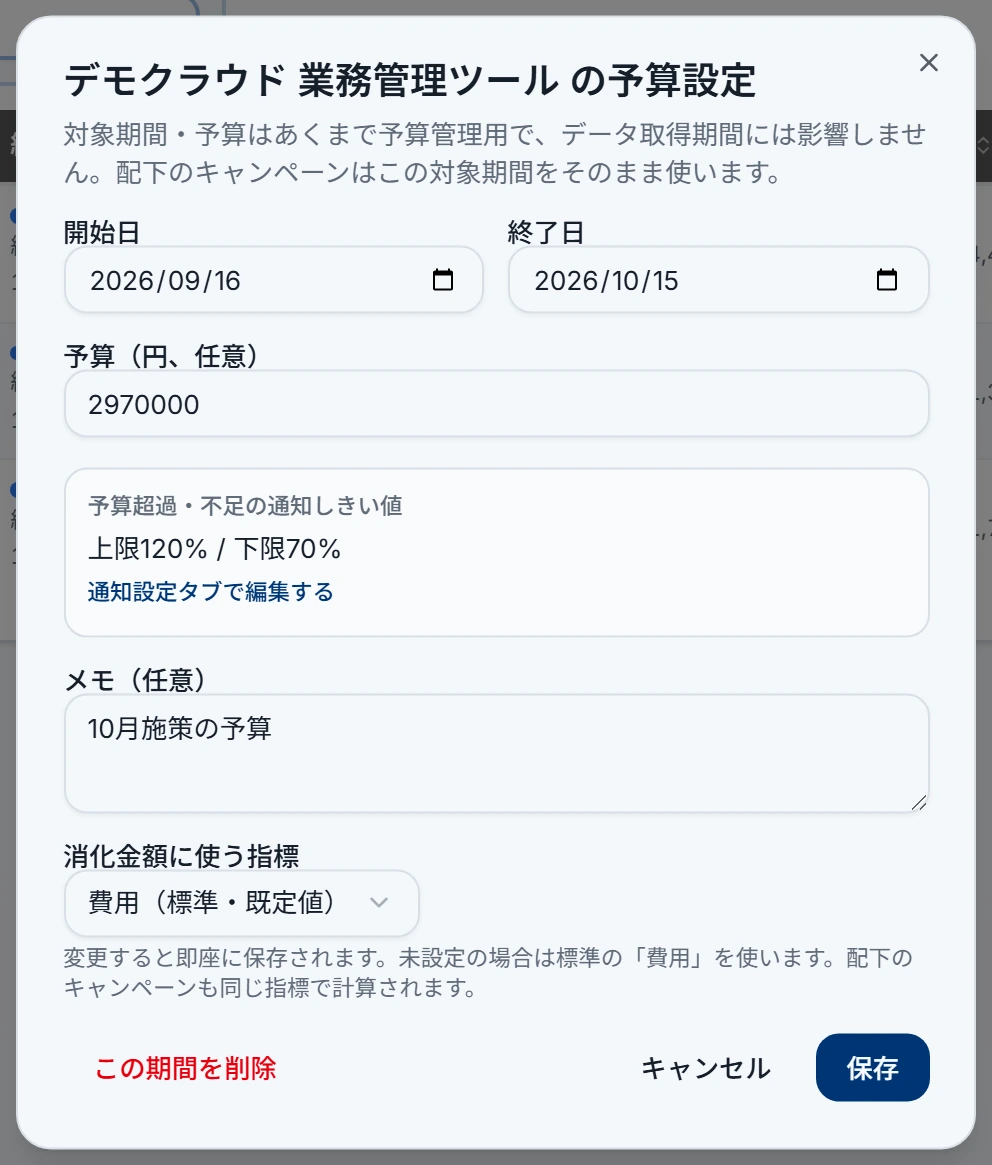 予算管理の予算の設定